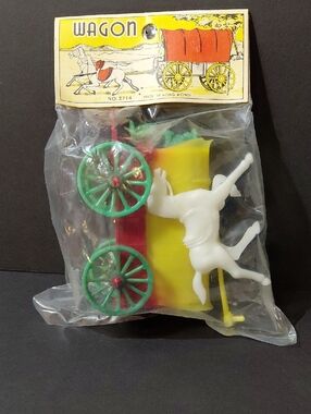 NIP Vintage Plastic Covered Wagon & Horse Toy Set